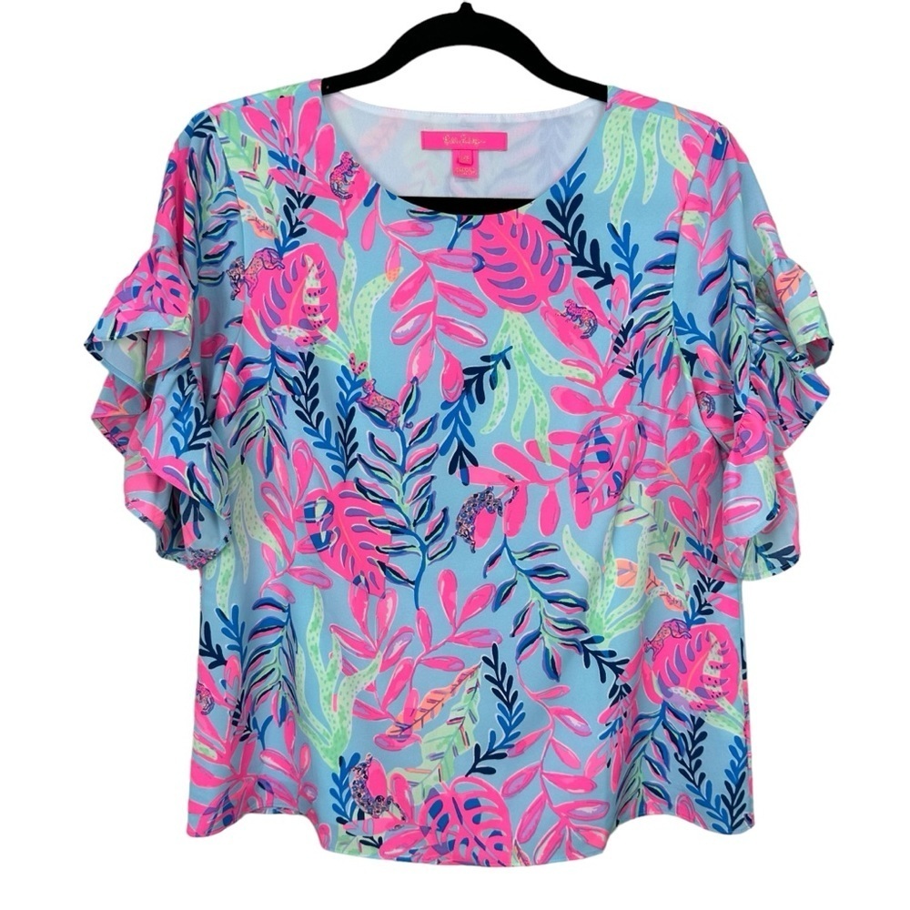 Lilly Pulitzer Darlah Ruffle Sleeve Top in Porto Blue You’ve Been Spotted Sz XS